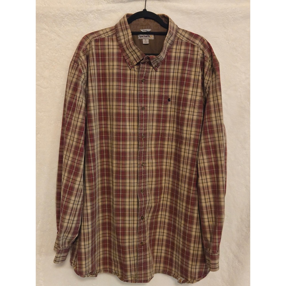 Carhartt Mens 3XLT Plaid Button Down Shirt Burgundy/Tan Relaxed Fit Long Sleeve